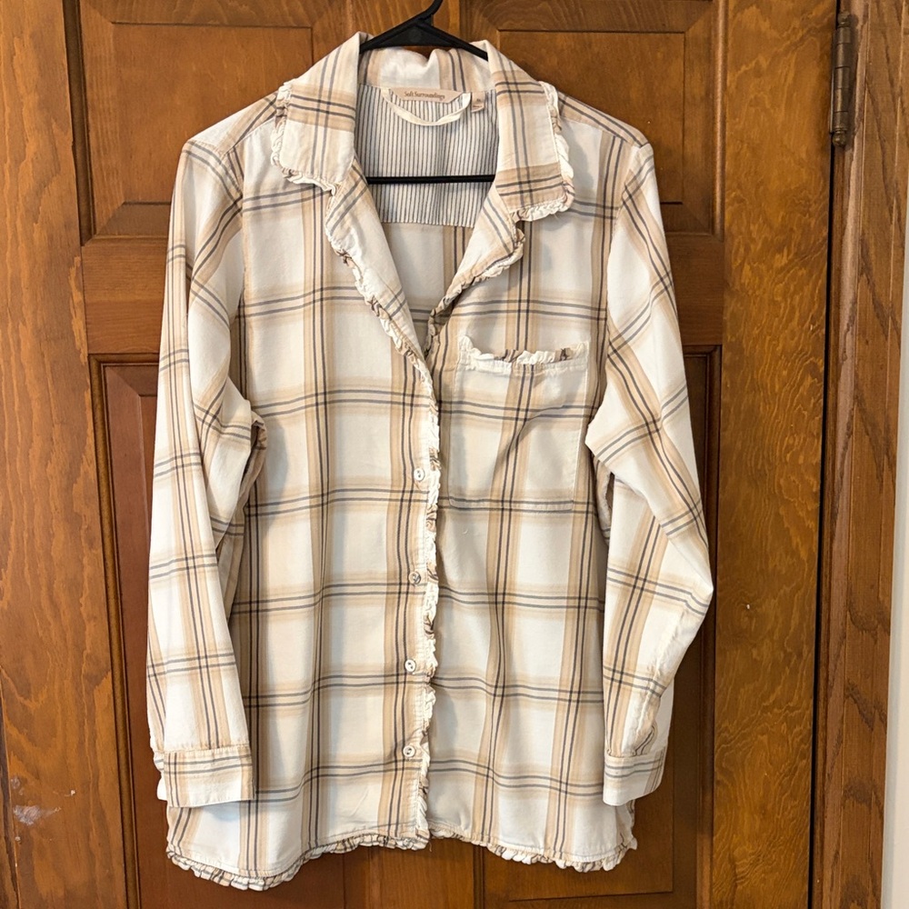Soft Surroundings Cream and Tan Striped Pajama Top
